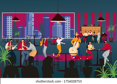 People listen to musician in modern design cafe, vector illustration. Music band perform at restaurant, jazz music with lady singer, man play on contrabass and saxophone. Cozy evening in bar.