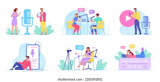 People Listen Podcast. Man And Women In Earphone Relax From Listening Sound Webinar Hosting, Radio Listener Lifestyle, Record Audio Business Training, Swanky Vector Illustration Of Audio Podcast