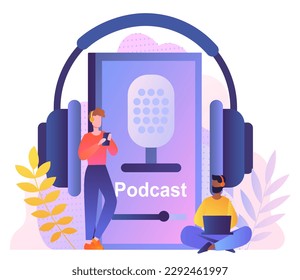 People listen podcast. Men in headphones sit on background of smartphone. Young guys listen to interesting content, audio files. Distance education concept. Cartoon flat vector illustration