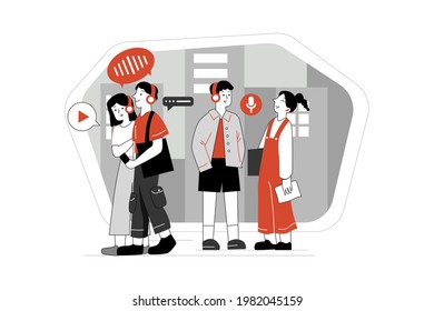 People listen to podcasts while walking on the street.