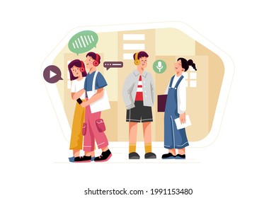 People listen to podcasts while walking on the street Illustration concept. Flat illustration isolated on white background.