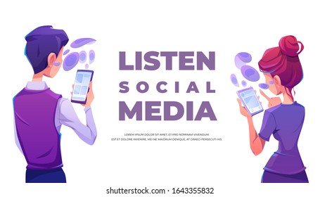 People Listen Social Media Using Smartphone. Man And Woman Hold Cell Phones With Internet Messenger Or Network Interface Back Rear View. Users With Gadgets, Mobile Devices App, Cartoon Vector Banner