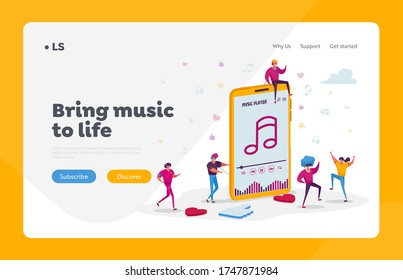 People Listen Sound Composition on Music Player or Mobile Phone Application Landing Page Template. Tiny Characters Wearing Headphones Enjoying Dancing and Relaxing. Cartoon Vector Illustration