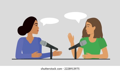 People listen to sound in headphones, podcast app on smartphone, podcaster speaks into microphone or audiobook. Radio Dj, blogging. A girl reads the news, speaks into a microphone an online show.musiс