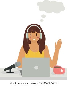 People listen to sound in headphones, podcast app on smartphone, podcaster speaks into microphone or audiobook. Radio Dj, blogging. A girl reads the news, speaks into a microphone an online show.musiс