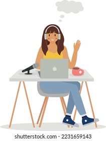 People listen to sound in headphones, podcast app on smartphone, podcaster speaks into microphone or audiobook. Radio Dj, blogging. A girl reads the news, speaks into a microphone an online show.musiс