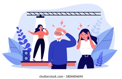 People listening bad singer and having headache. Stage, song, noise flat vector illustration. Performance and music concept for banner, website design or landing web page