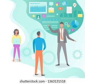 People listening to boss vector, social media icons, infographics and visualized data. Ceo manager, management basics, video and gear in flat style