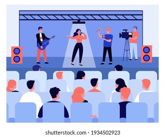 People listening to concert. Pretty woman singing to guitar and maracas accompaniment. Flat vector illustration. Entertainment concept for banner, website design or landing web page