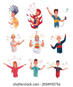 People listening to music. Hand dancing cartoon young characters with smartphones and earphones. Set of joyful people wearing and headphones. Using audio player to enjoy sound