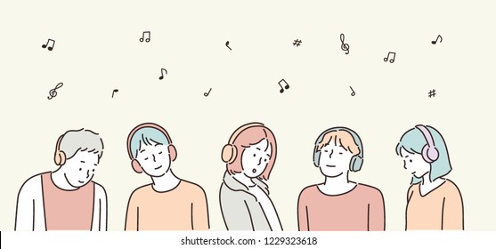 La gente está escuchando música con auriculares. ilustraciones de diseño vectorial de estilo dibujado a mano.