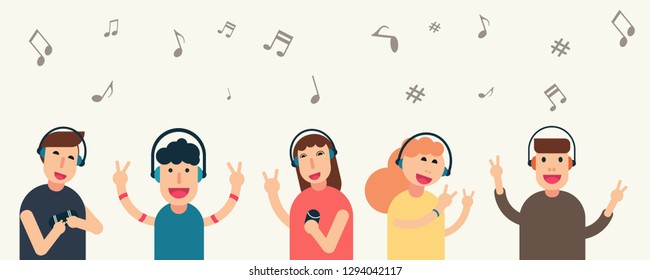 People are listening to music with headphones. People happy  with music on headphones. hand drawn style vector design illustrations. 