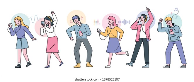 La gente está escuchando música con teléfonos en sus manos, audífonos en sus oídos. estilo de diseño plano ilustración vectorial mínima.