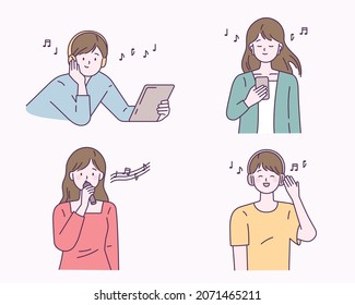 People listening to music and singing. upper body picture. flat design style vector illustration.