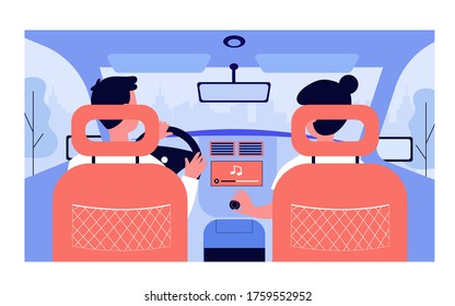 People Listening To Music While Travelling By Car. View From Backseat Of Couple On Passenger And Driver Seats Inside Car Interior. Vector Illustration For Transportation, Vehicle, Trip Concept