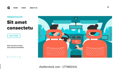 People Listening To Music While Travelling By Car. View From Backseat Of Couple On Passenger And Driver Seats Inside Car Interior. Vector Illustration For Transportation, Vehicle, Trip Concept