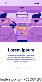 People listening to music while travelling by car. View from backseat of couple on passenger and driver seats inside car interior. Vector illustration for transportation, vehicle, trip concept