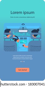 People listening to music while travelling by car. View from backseat of couple on passenger and driver seats inside car interior. Vector illustration for transportation, vehicle, trip concept