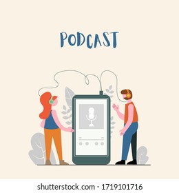 People listening to the podcast vector illustration in modern, flat style