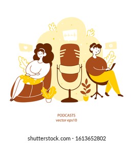 People listening to podcasts online flat vector yellow illustration