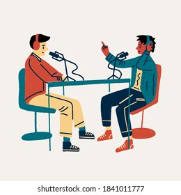 People listening and recording audio podcast or online show vector flat illustration. Joyful person radio host interviewing guest, mass media broadcasting isolated on white