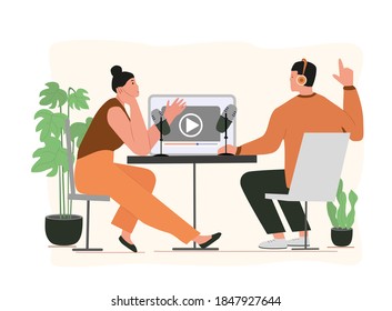 People listening and recording audio podcast or online show. Female, male podcaster, broadcaster at workspace isolated cartoon character. Media hosting doodle drawing. Flat vector illustration.