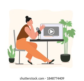 People listening and recording audio podcast or online show. Female, podcaster, broadcaster at workspace isolated cartoon character. Media hosting doodle drawing. Flat vector illustration.