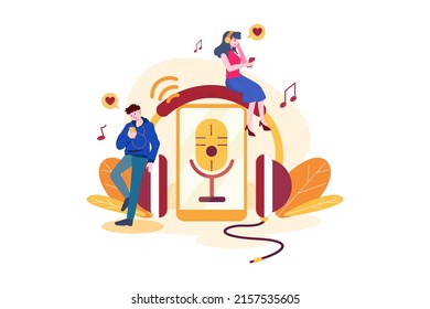 People listening to recording audio podcast concept