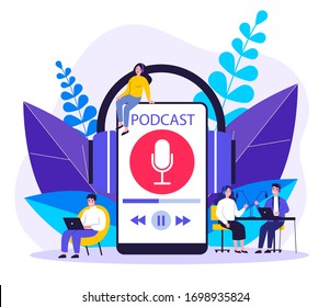 People listening speakers from broadcasting station flat vector illustration. Man and woman listening podcast online Anchorperson sitting and talking to microphone. Radio and technology concept