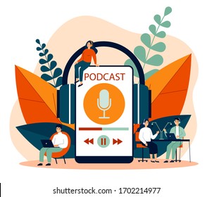 People listening speakers from broadcasting station flat vector illustration. Man and woman listening podcast online Anchorperson sitting and talking to microphone. Radio and technology concept