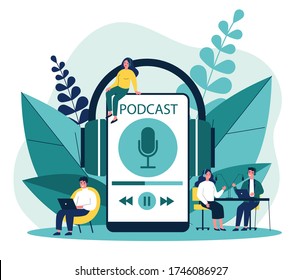 People listening speakers from broadcasting station flat vector illustration. Man and woman listening podcast online Anchorperson sitting and talking to microphone. Radio and technology concept