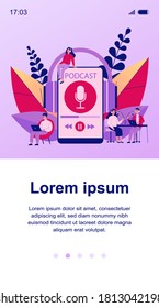 People listening speakers from broadcasting station flat vector illustration. Man and woman listening podcast online Anchorperson sitting and talking to microphone. Radio and technology concept