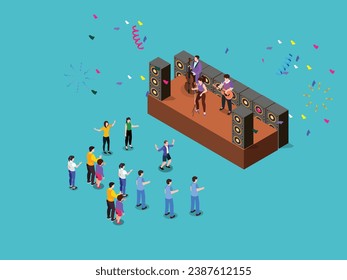 People listens to music and dancing in music festival isometric 3d vector illustration concept for banner, website, landing page, flyer, greeting card, etc