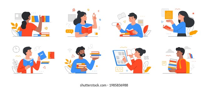 People literature fans with books. Collection of reading man and woman, students studying or preparing for exam. Book lovers and readers. Set of flat cartoon illustration isolated on white background