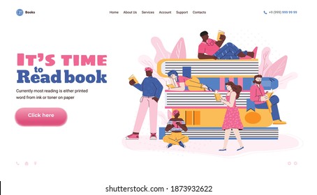 People literature fans or loving read is sitting, standing and lying on stack of huge books and reading. Concept of book festival, bookstore or library. Vector landing page template