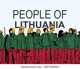 People of Lithuania with flag, silhouette of many people, banner of diversity or protest in Lithuania, group of person, society and audience concept, gathering idea