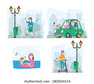 People Littering, Pollution Set. Characters Throw Garbage on Street. Driver Throwing Trash Out of Car Window, Woman Floating on Inflatable Mattress Throw Waste around. Linear Vector Illustration