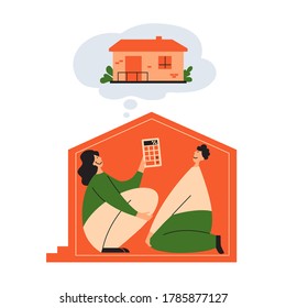 People in little house dream about new big dwelling, calculate mortgage rate. Family couple sitting in close apartment and planning buy or rent large home. House loan concept. Flat vector illustration