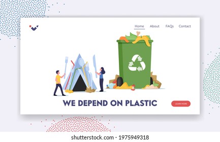 People Live in Garbage Landing Page Template. Tiny Male and Female Characters Making House of Plastic Cutlery near Huge Litter Bin with Recycling Sign and Trash around. Cartoon Vector Illustration