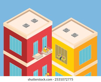 People living in apartments in the city flat 3d isometric vector illustration