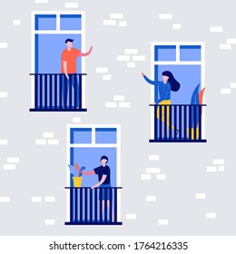 People living behavior, neighborhood concept. People stand on balconies and look out of windows. Building exterior or facade with man, woman and children inside apartments. Flat style illustration.
