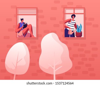 People Living Behaviour, Neighborhood Concept. Facade of Building with Windows, Girls Neighbors Hobby and Household Activities Reading and Watering Plants. Happy Life Cartoon Flat Vector Illustration