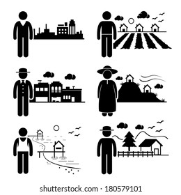 People Living in City Cottage House Small Town Highlands Seaside Village Home Stick Figure Pictogram Icon