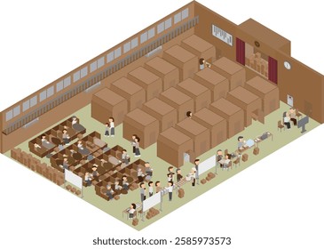 People living in evacuation shelter in an isometric school gymnasium