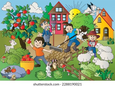 people living in the farm, field, sheep, rabbits, apple trees