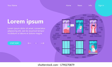 Menschen, die in einem Gebäude leben. Wohnung, Fenster, benachbarte Wohnung, Vektorgrafik. Lifestyle- und Nachbarschaftskonzept für Banner, Website-Design oder Landing-Webseite