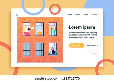 People living in one building. Apartment, window, neighbor flat vector illustration. Lifestyle and neighborhood concept for banner, website design or landing web page