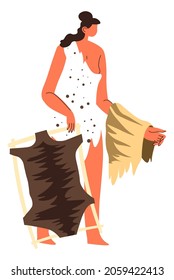 People living in stone age, prehistoric period of ancient people sewing and working on leathers fabric and materials. Woman with fur on frame let it dry on sun and clean. Vector in flat style