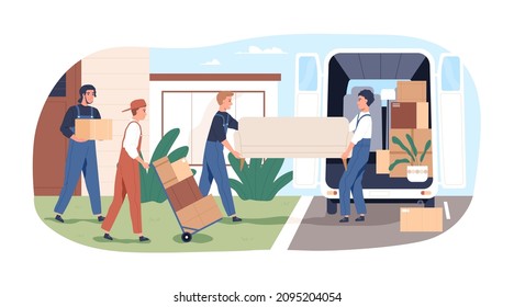 People loaders moving and carrying boxes and furniture. Workers from relocation service loading cardboard packages and sofa into van. Flat graphic vector illustration isolated on white background