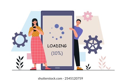 People with loading at smartphone. Man and woman downloading files to mobile phone. Updating operating system of gadget or device. Flat vector illustration isolated on white background